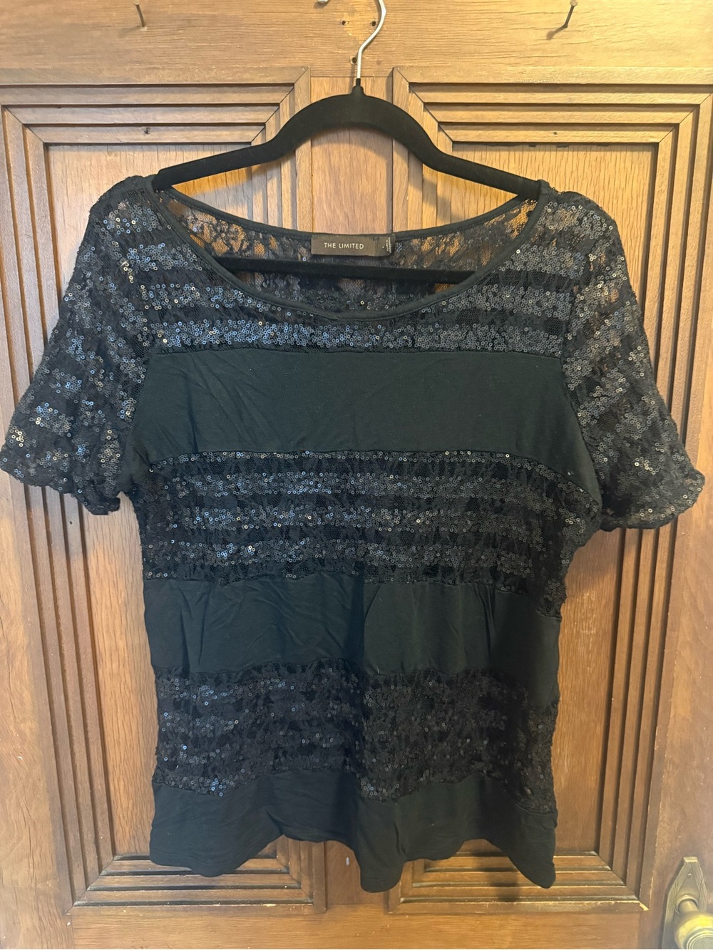 The Limited Black Sequin Stripe Scoop Neck Top